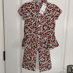 NWT Gymboree Girls 4 Cherry Cute Outfit Floral Pintucked Shirt Pants Red White