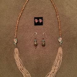 Vintage 1928 Art Deco Pink Beaded Necklace and Two pairs of Earrings