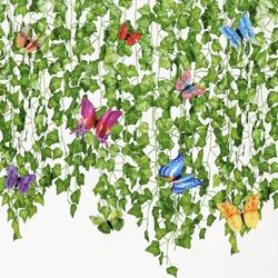  12 Pack | Boston Ivy Leaves Artificial Hanging Plants With Butterflies ~ New 