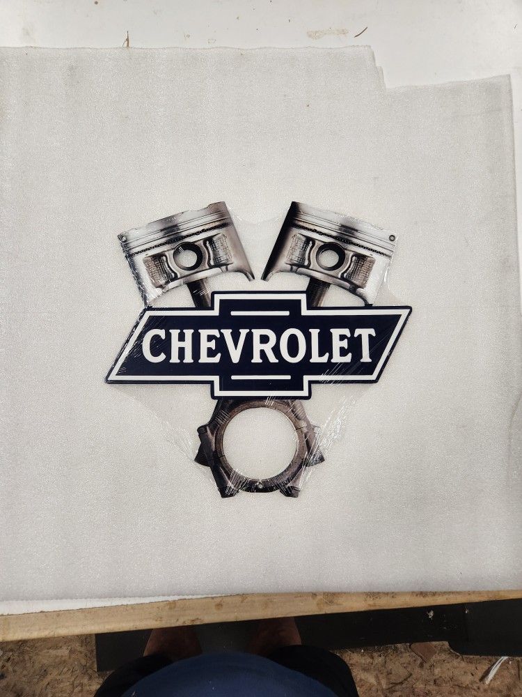 Chevy Chevrolet Bowtie Logo With Pistons Steel Metal Sign
