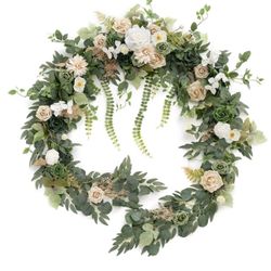 Ling's Moment 9FT Eucalyptus And Willow Leaf Garland in white and beige