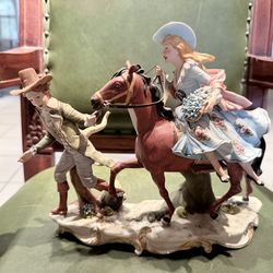 CAPODIMONTE Porcelain Figurine Man Pulling Lady on Horse