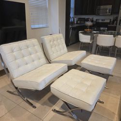White Barcelona Chairs With Matching Ottomans