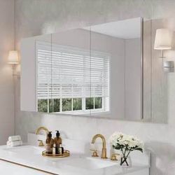 New in Box ROSA 60 in. W x 30 in. H Rectangular Aluminum Tri-View Medicine Cabinet with Mirror Blum