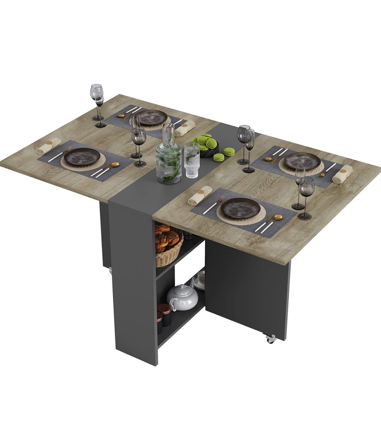 Folding Dining Table with 2 Storage Racks, Drop Leaf Table with 6 Wheels, Multifunction Expandable Table for Kitchen, Bedroom, Living Room