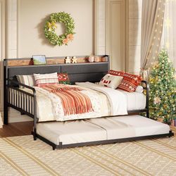 Daybed with Trundle, Sturdy Metal Full Size Bed Frame with Upholstered Headboard and Charging Station for Living Room, Bedroom and Guest Room, Black