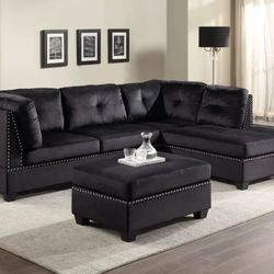 Sienna - Black Velvet Sectional + Ottoman Set fast delivery

