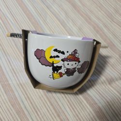 Hello Kitty Ceramic Bowl With Chopsticks Halloween 