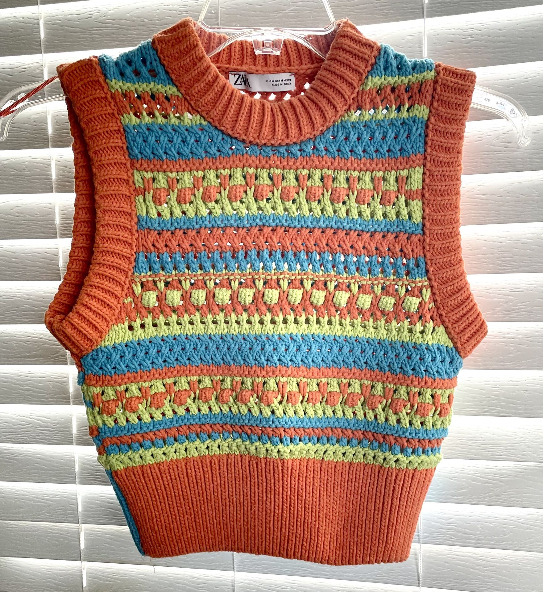 Zara Crochet Knit Sleeveless Top - Orange/Green/Blue - Women's Size Medium