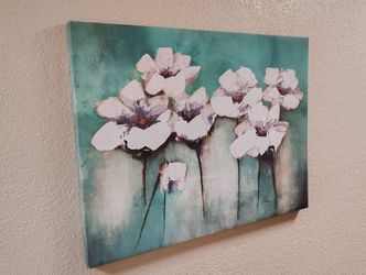 39×30 White Flowers Teal Blue Green Canvas Art