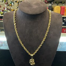 14k Solid Rope Chain With Nugget Pendant 39163-1