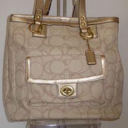 AUTHENTIC COACH C SIGNATURE PENELOPE GOLD AND BEIGE CANVAS SHOULDER HANDBAG