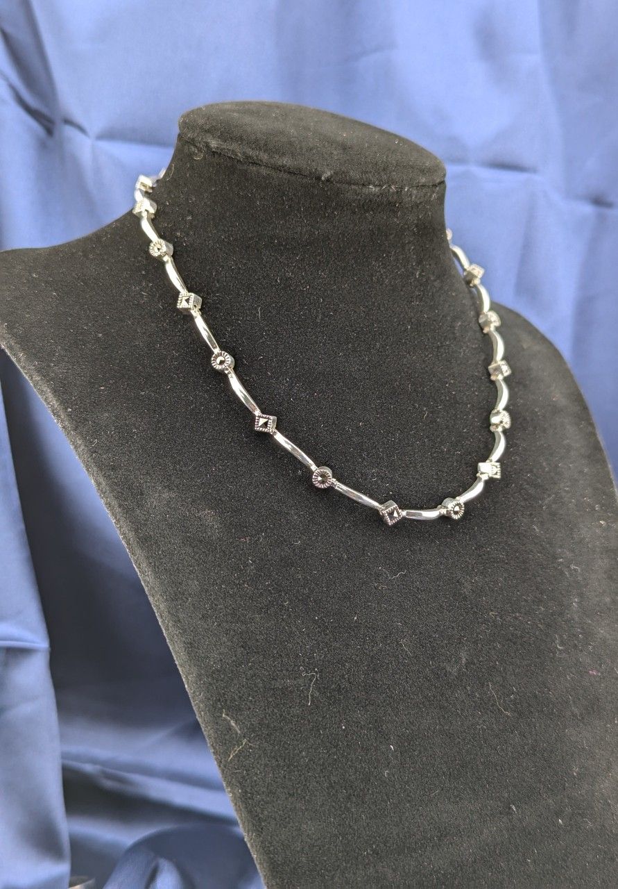16" Solid Sterling Silver Vintage Designed Necklace with Round & Square Marcasite Stones Station