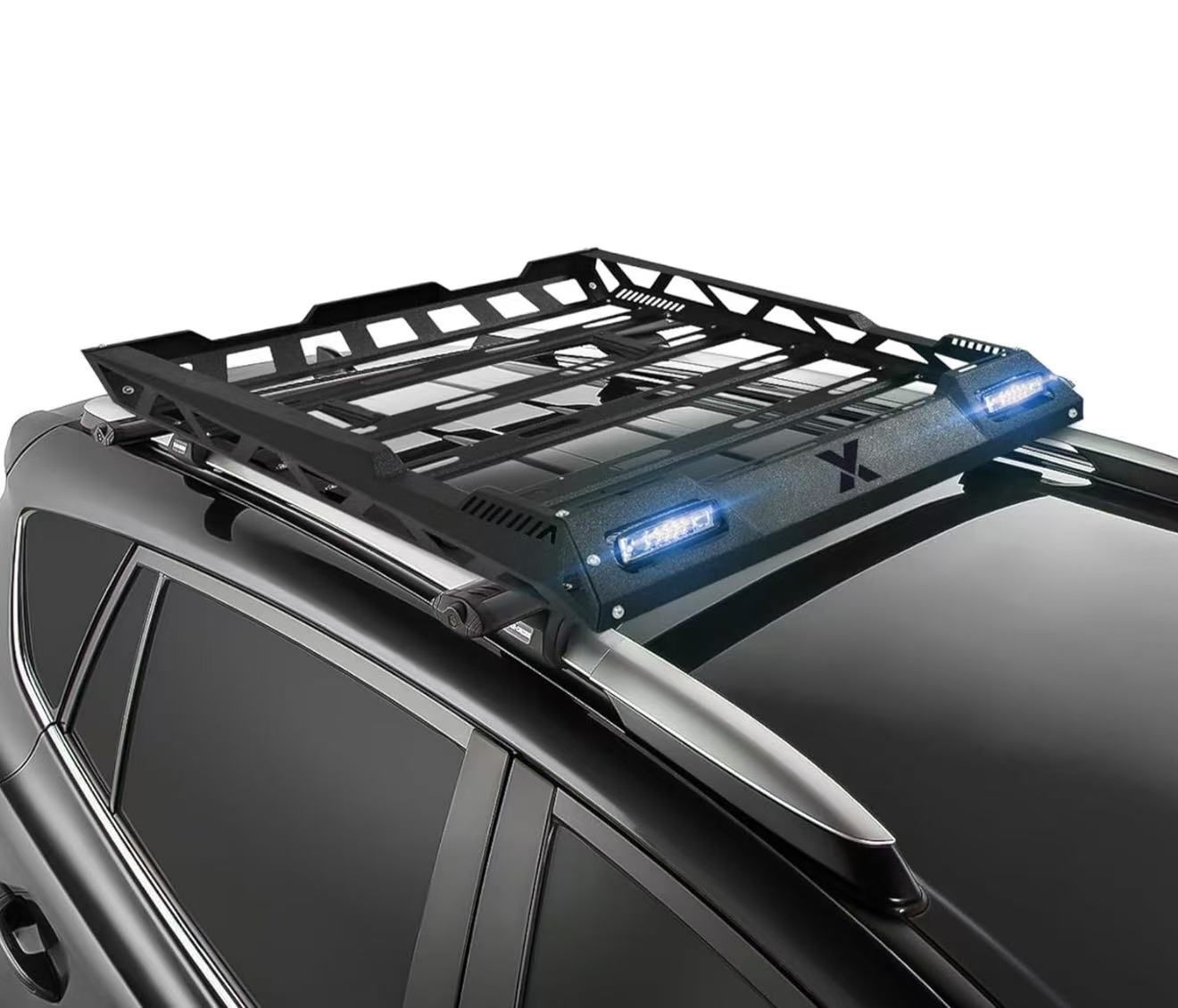 55''x41'' Roof Rack Cargo Basket with 2 Pcs LED Light Bars & Cargo Net, Streamlined Heavy-Duty Car Top Cargo Carrier, 150 LBS Capacity Rooftop Luggage