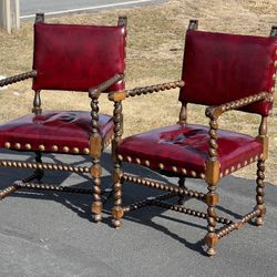 Pair Antique Gothic Revival Red Leather Parlor Chairs