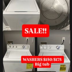 WASHERS ON SALE TODAY!! $150/$175 BIG TUB!! WARRANTY INCLUDED!! 