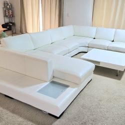 Modern White XL Couch with light + Coffee Table Set