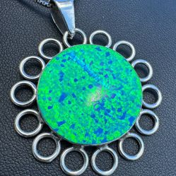 .925 solid sterling silver large fire blue opal flat Pendant charm