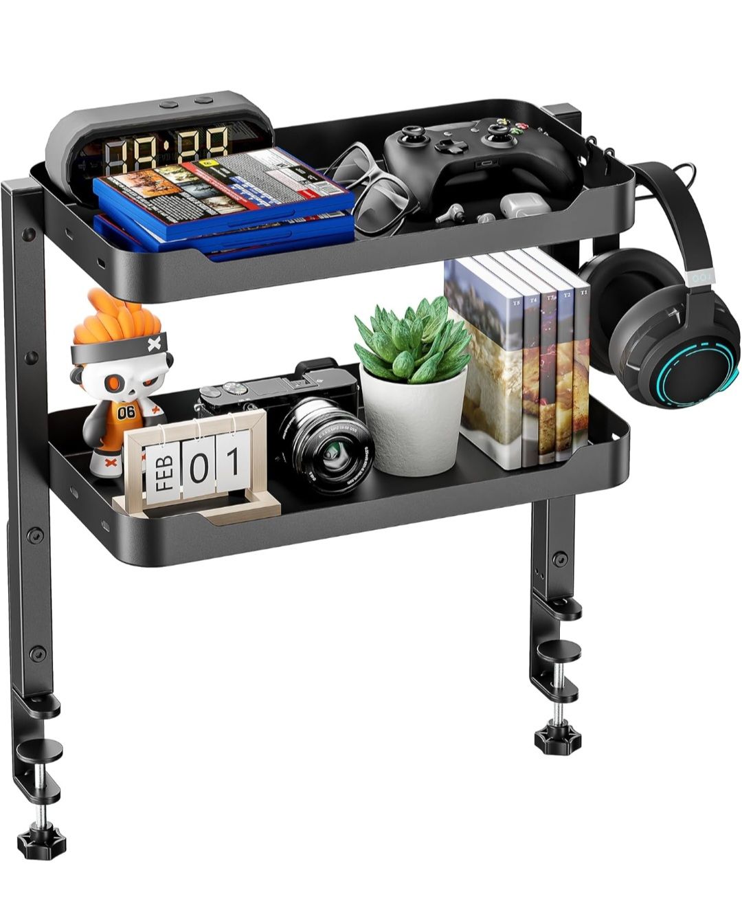 ARES WING 2-Tier Clamp On Desk Shelf, 16 inch Adjustable Above or Under Desk Storage Shelves Holds 66 lbs, Heavy Duty Desktop Organizer with Headphone