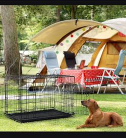 Dog Wire Cage 30 inches Reinforced Dog Crate Collapsible Pet Cage with Double DDoors Leak Proof Plastic Tray Outdoor Indoor Portable for Pets Cats and