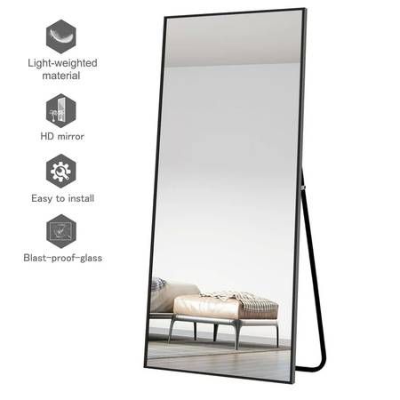 65x22 Black Rectangular Full Length Floor Mirror with Stand Aluminum