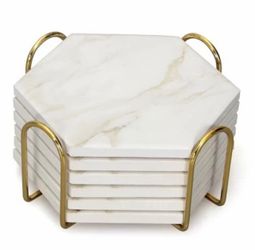 6 Pcs White Marble Coaster Set with Holder Hexagon Ceramic Coasters Beige