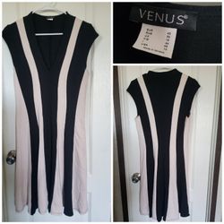 V-Neckline Fit & Flare cap sleeve mini dress in black and ivory stripes. Size 10