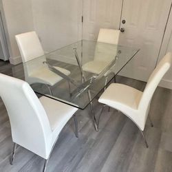 Dining Set Glass Table, White Chairs Juego De Comedor Nuevo