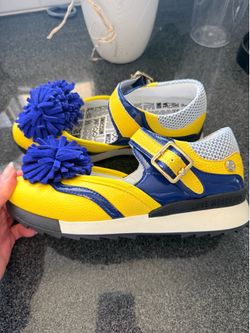 Love Moschino Mary Jane Sneakers Yellow Blue Pom Pom Leather Shoes EU 35 / US 5