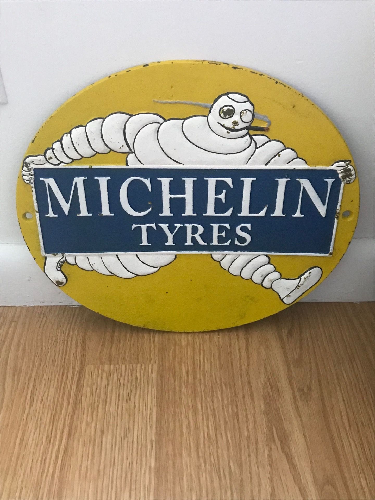 Vintage Michelin Tyres Cast Iron Embossed Plate Sign- 10 in x 11 1/2 in- Gas & Oil Advertising