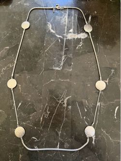 Silver Tone Snake Chain Necklace with 6 Brushed Round Disc Pendants - Long Statement Jewelry