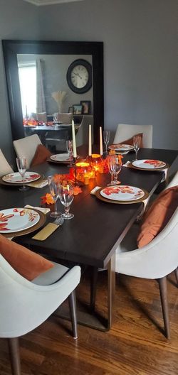 Real Wood And Metal Modern Dark Wood Dining Table with 6 Chairs – Excellent Condition