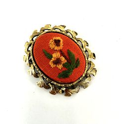 Orange Embroidered Vintage  Brooch/pendant 