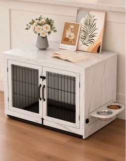 43” Wooden Dog Crate Furniture with 360°Rotatable Removable Dog Bowls, Dog Crate End Table with Tray, Double Doors Dog Kennels for XLarge Dogs