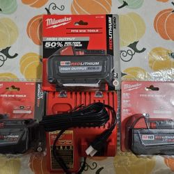 MILWAUKEE M18 AND M12 CHARGER WITH 2 5.0  M18 BATTERIES AND 1 8.0 M18 BATTERY 