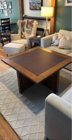 Large 42” Square Wood Coffee Table – Leather-Look Inset Top