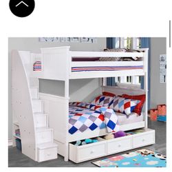 White Loft bunk Bed W Stairs PBK Full Solid Wood White