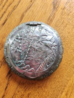 Vintage Silver Metal Compact with Engraved Scene