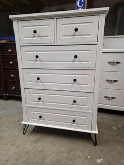 Modern White 6 Drawer Tallboy Dresser with Black Legs