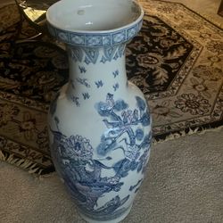 Tall Floor Blue And White Oriental Vase Made In China 