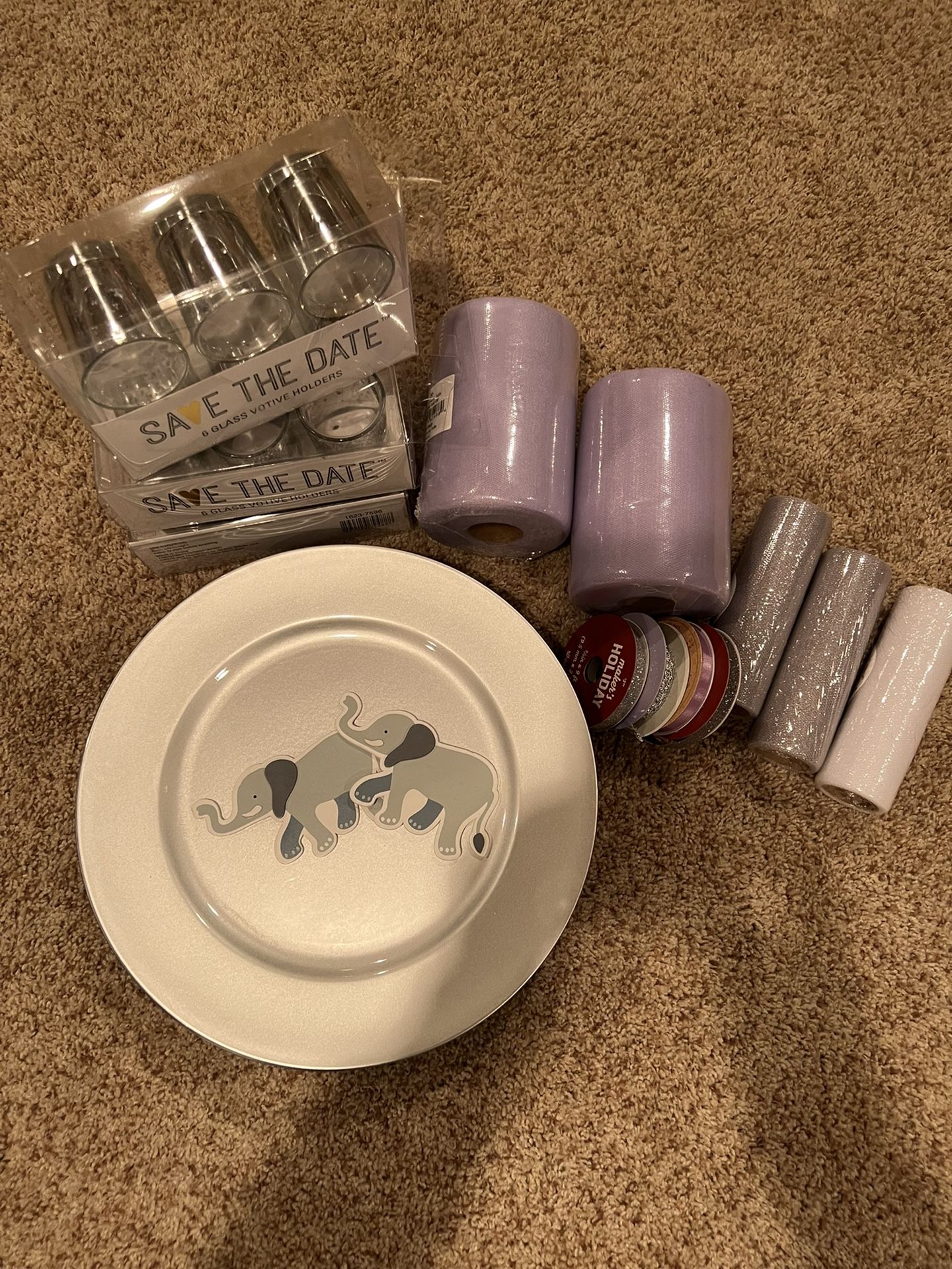 11 Silver Chargers, Tulle, 18 Votives and Ribbon