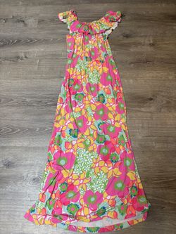 Lilly Pulitzer Pink Floral Maxi Dress With Ruffled Neckline SZ S 