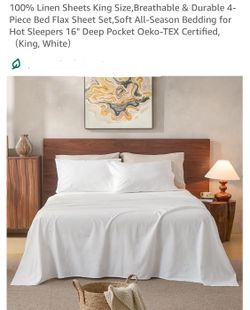 100% Linen Sheets King Size,Breathable & Durable 4-Piece Bed Flax Sheet Set,Soft All-Season Bedding for Hot Sleepers 16" Deep Pocket Oeko-TEX Certifie
