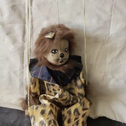 Vintage Leopard Cat-Clown on Swing doll marionette Painted face ceramic