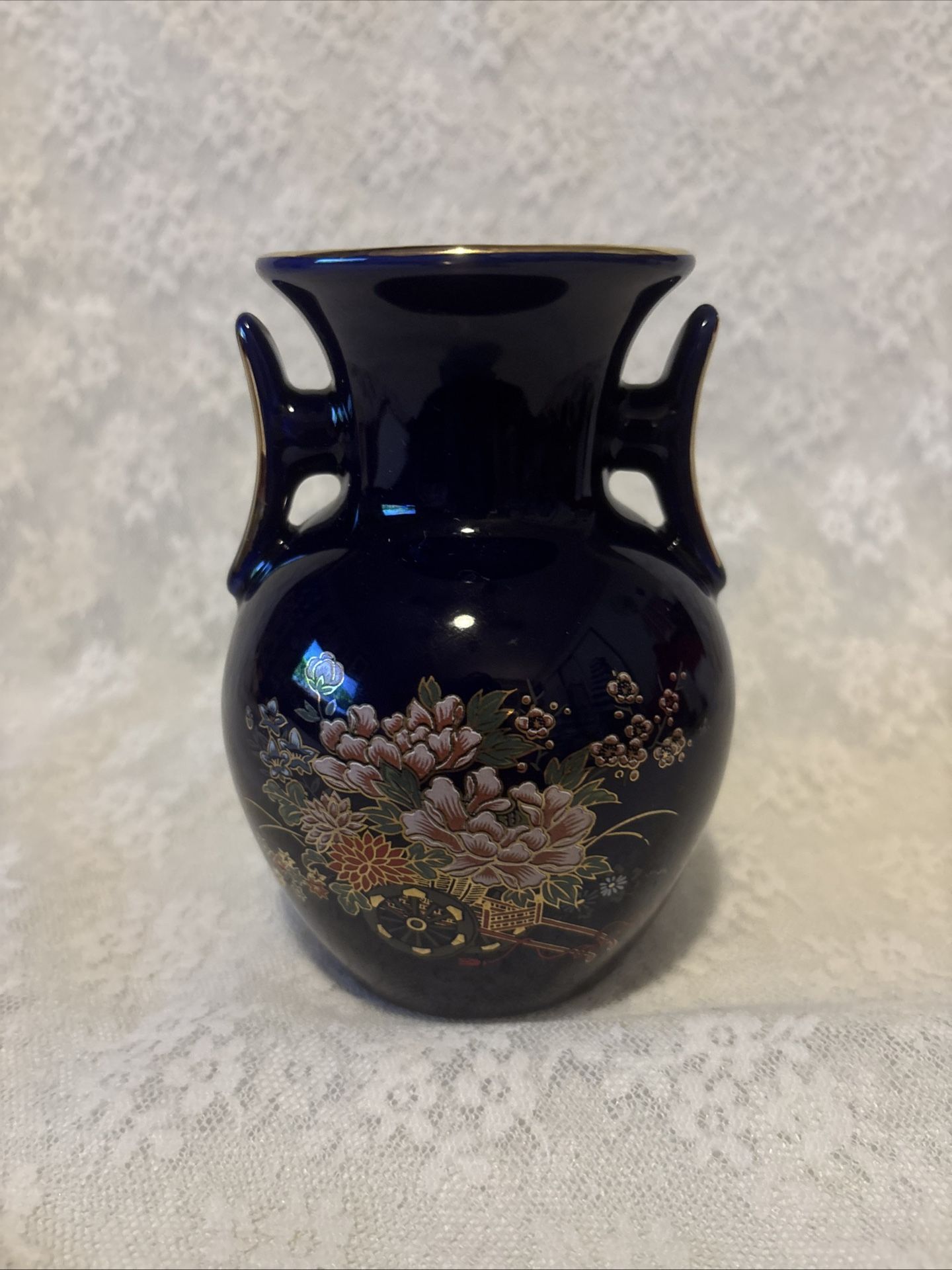 Asian Blue Ceramic Vase With Flowers