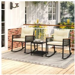 3 Piece Outdoor PE Rattan Rocking Bistro Set with 2-Tier Coffee Table