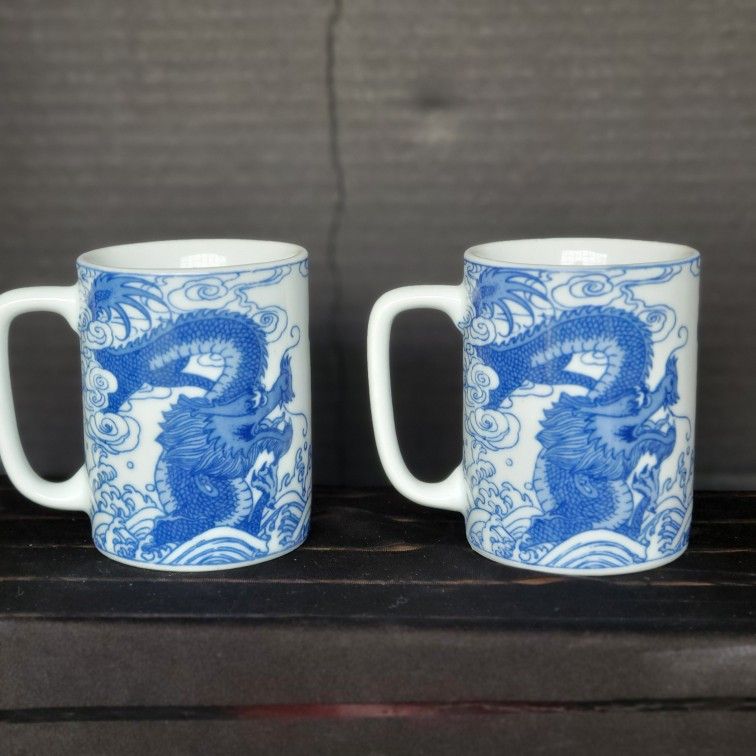 Pair Of Vintage Ceramic Chinese Blue & White  Dragonware Coffee Mugs 4" 