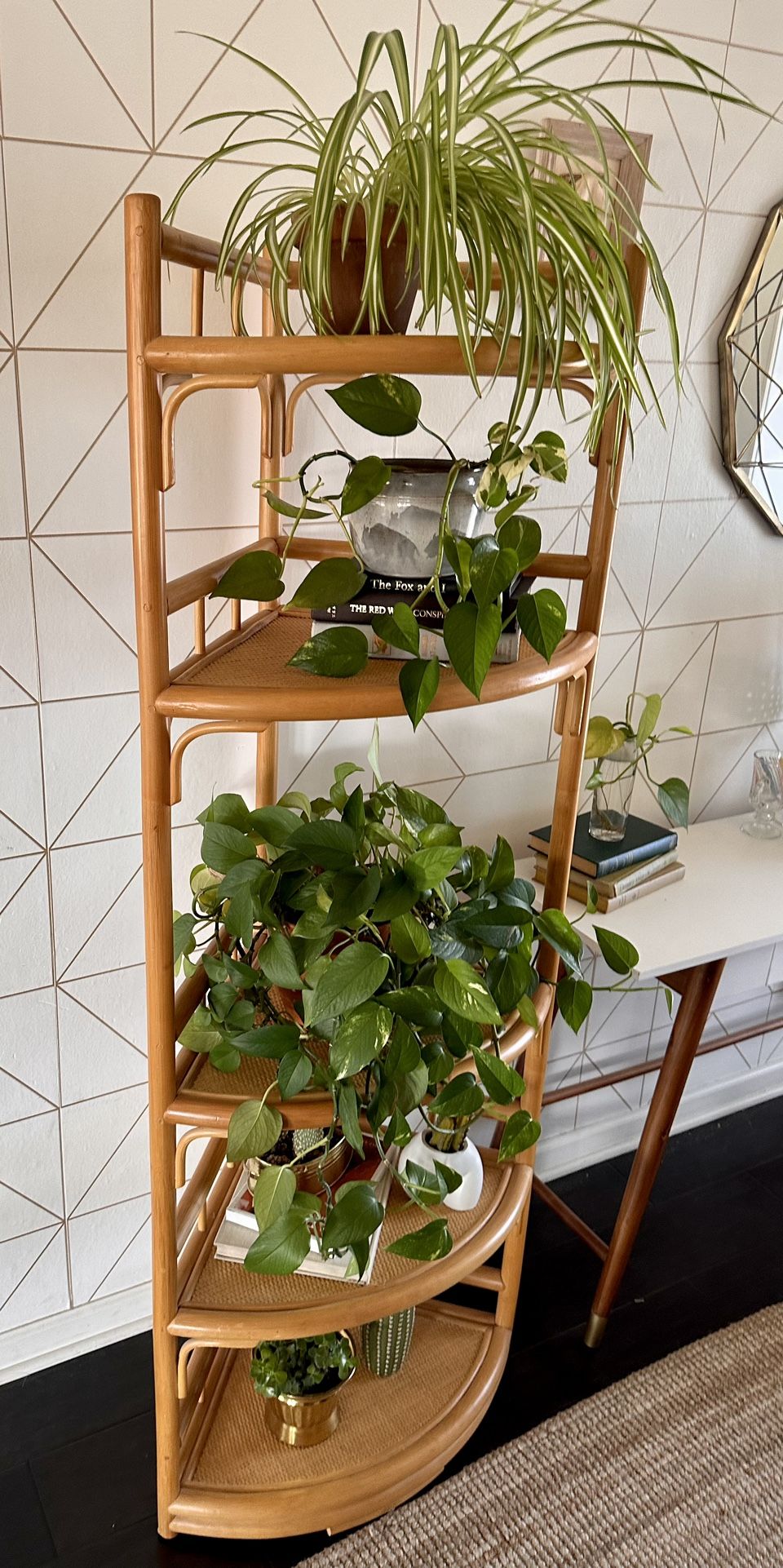 Vintage Bamboo Rattan & Wicker Corner Bookcase / Shelves / Plant Stand (Boho Decor)