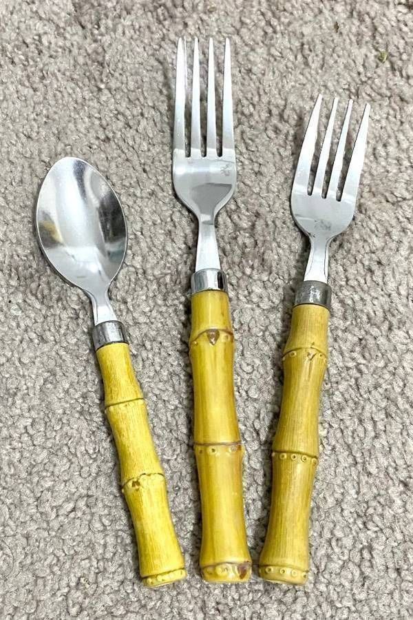 Vintage MCM Lot Of 3 Faux Bamboo Handle Stainless Flatware Tiki Bar Party Picnic 2 Forks 1 Spoon