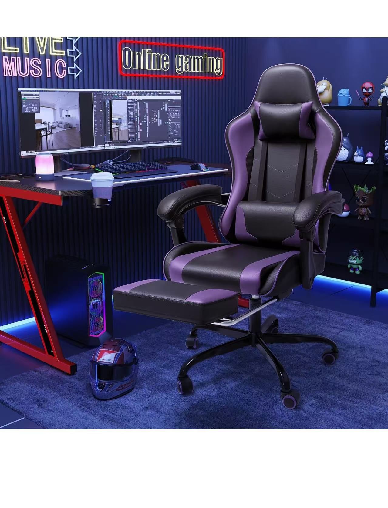 ❤️Gaming Chair with Footrest and Massage Lumbar Support